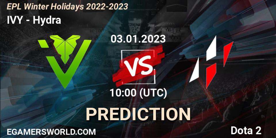 IVY contre Hydra : prédiction de match. 03.01.2023 at 10:08. Dota 2, EPL Winter Holidays 2022-2023