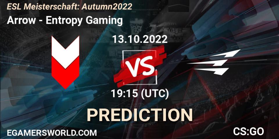 Arrow contre Entropy Gaming : prédiction de match. 13.10.2022 at 19:15. Counter-Strike (CS2), ESL Meisterschaft: Autumn 2022