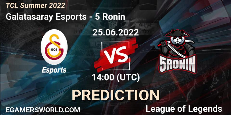 Galatasaray Esports contre 5 Ronin : prédiction de match. 25.06.2022 at 14:00. LoL, TCL Summer 2022