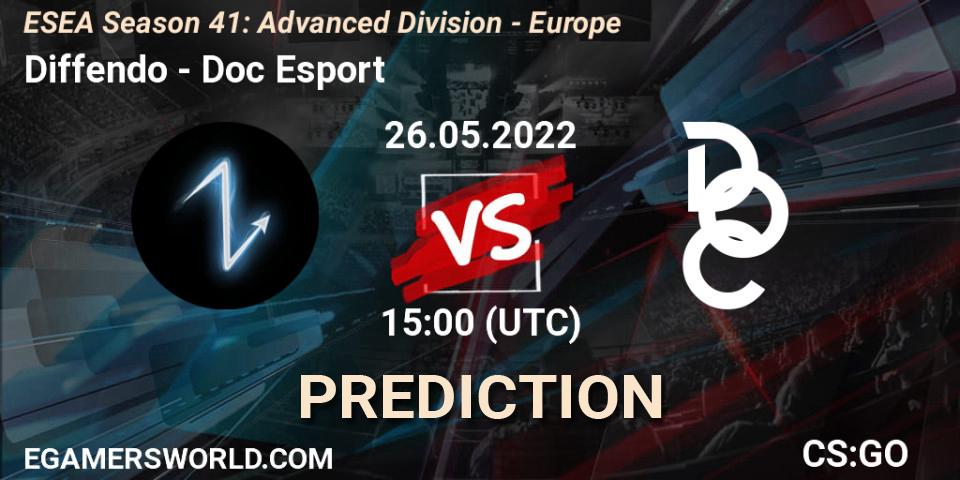 Diffendo contre Doc Esport : prédiction de match. 26.05.2022 at 15:00. Counter-Strike (CS2), ESEA Season 41: Advanced Division - Europe