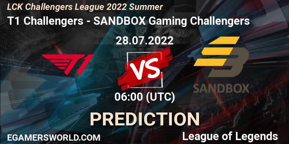 T1 Challengers contre SANDBOX Gaming Challengers : prédiction de match. 28.07.2022 at 06:00. LoL, LCK Challengers League 2022 Summer