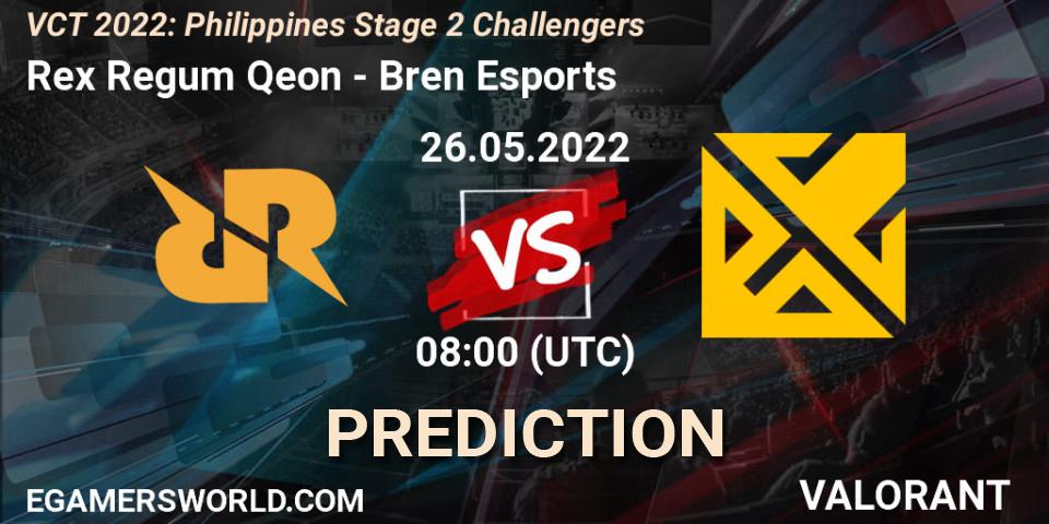 Rex Regum Qeon contre Bren Esports : prédiction de match. 26.05.2022 at 07:10. VALORANT, VCT 2022: Philippines Stage 2 Challengers