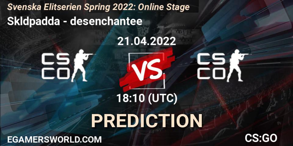 Sköldpadda contre desenchantee : prédiction de match. 21.04.2022 at 18:10. Counter-Strike (CS2), Svenska Elitserien Spring 2022: Online Stage