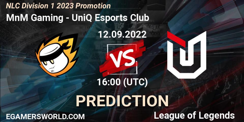 MnM Gaming contre UniQ Esports Club : prédiction de match. 12.09.2022 at 16:00. LoL, NLC Division 1 2023 Promotion