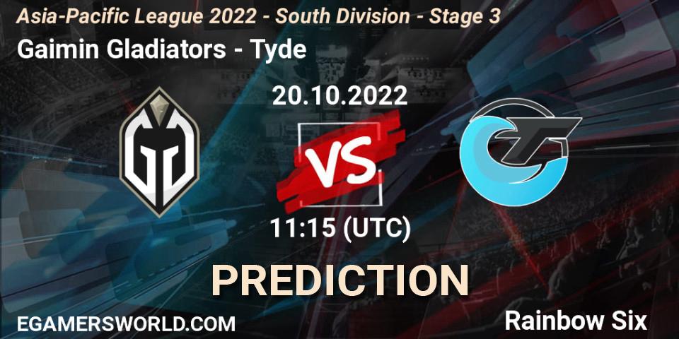 Gaimin Gladiators contre Tyde : prédiction de match. 20.10.2022 at 11:15. Rainbow Six, Asia-Pacific League 2022 - South Division - Stage 3