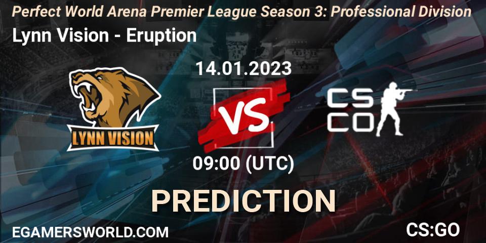 Lynn Vision contre Eruption : prédiction de match. 14.01.2023 at 09:00. Counter-Strike (CS2), Perfect World Arena Premier League Season 3: Professional Division