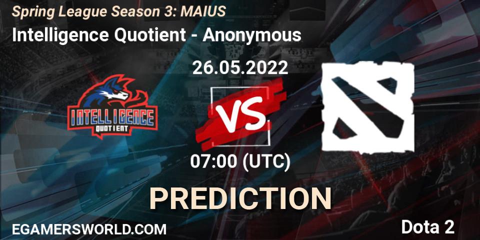 Intelligence Quotient contre Anonymous : prédiction de match. 26.05.2022 at 06:58. Dota 2, Spring League Season 3: MAIUS