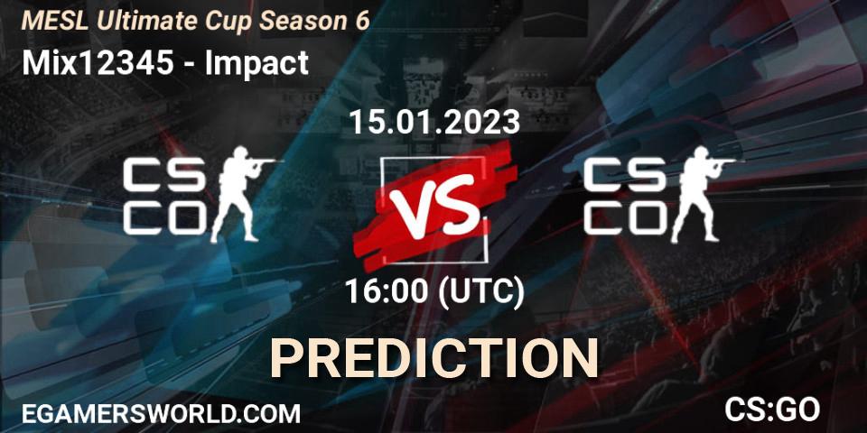 Mix12345 contre Impact : prédiction de match. 15.01.2023 at 16:00. Counter-Strike (CS2), MESL Ultimate Cup Season 6