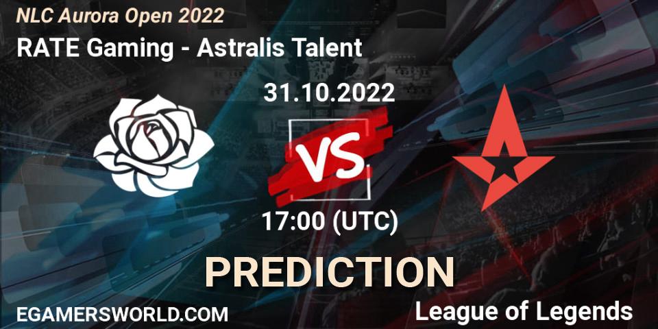 RATE Gaming contre Astralis Talent : prédiction de match. 31.10.2022 at 17:00. LoL, NLC Aurora Open 2022