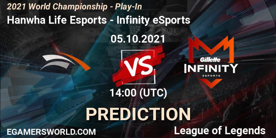 Hanwha Life Esports contre Infinity eSports : prédiction de match. 05.10.2021 at 14:10. LoL, 2021 World Championship - Play-In
