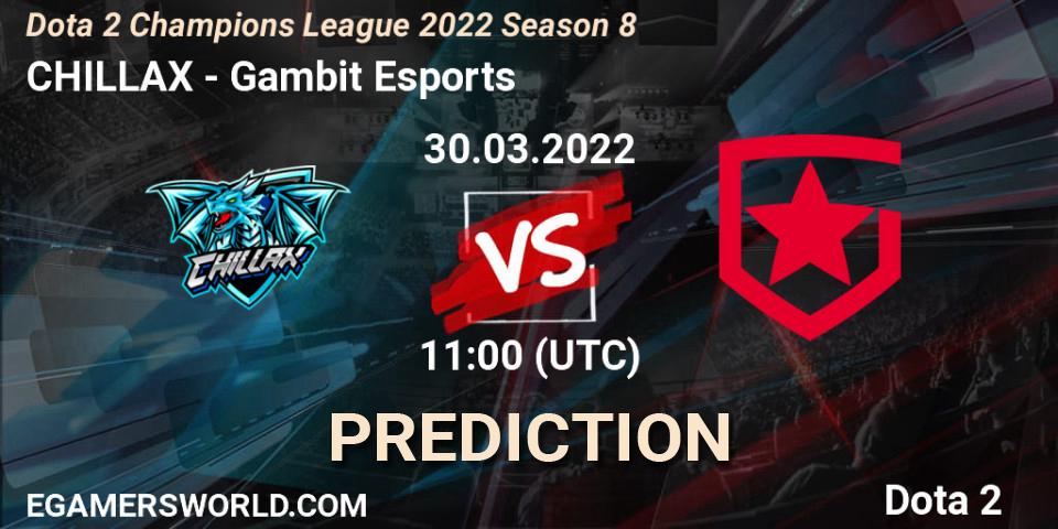 CHILLAX contre Gambit Esports : prédiction de match. 30.03.2022 at 11:00. Dota 2, Dota 2 Champions League 2022 Season 8