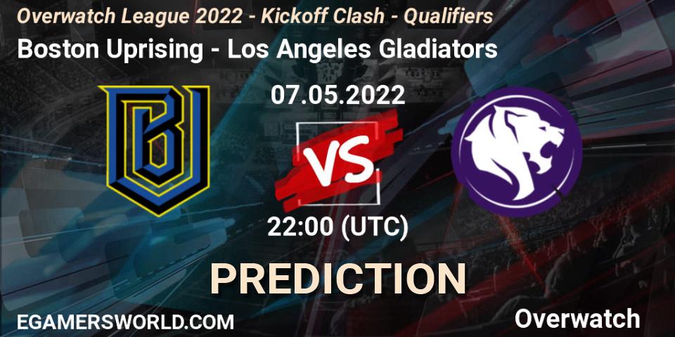 Boston Uprising contre Los Angeles Gladiators : prédiction de match. 07.05.2022 at 22:00. Overwatch, Overwatch League 2022 - Kickoff Clash - Qualifiers