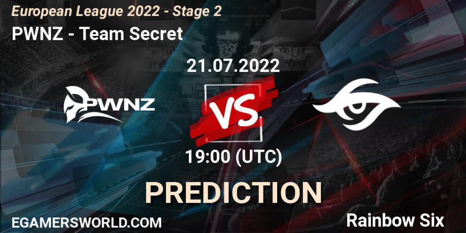 PWNZ contre Team Secret : prédiction de match. 21.07.2022 at 16:00. Rainbow Six, European League 2022 - Stage 2