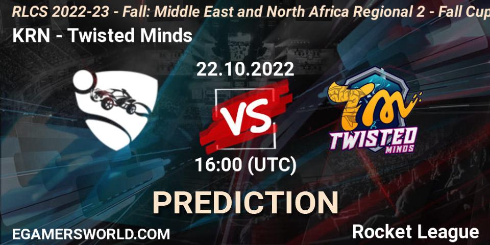 KRN contre Twisted Minds : prédiction de match. 22.10.2022 at 16:00. Rocket League, RLCS 2022-23 - Fall: Middle East and North Africa Regional 2 - Fall Cup