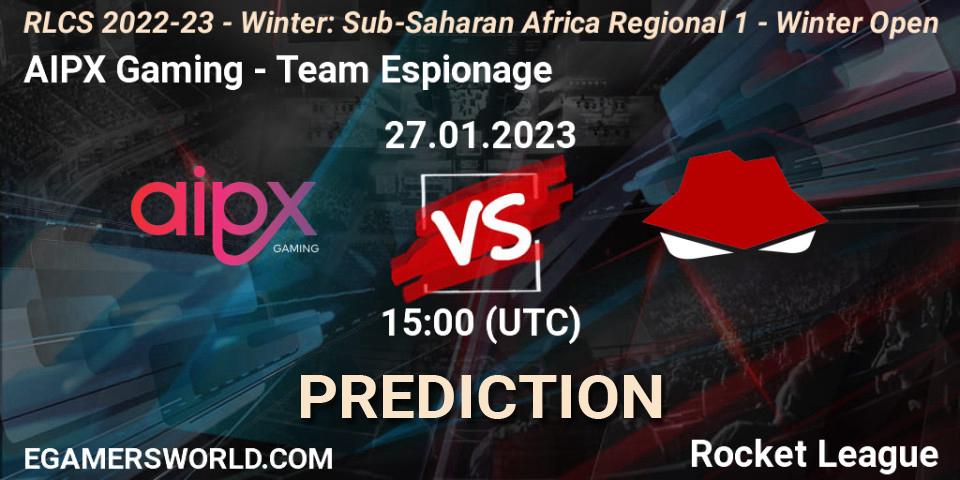 AIPX Gaming contre Team Espionage : prédiction de match. 27.01.2023 at 15:00. Rocket League, RLCS 2022-23 - Winter: Sub-Saharan Africa Regional 1 - Winter Open