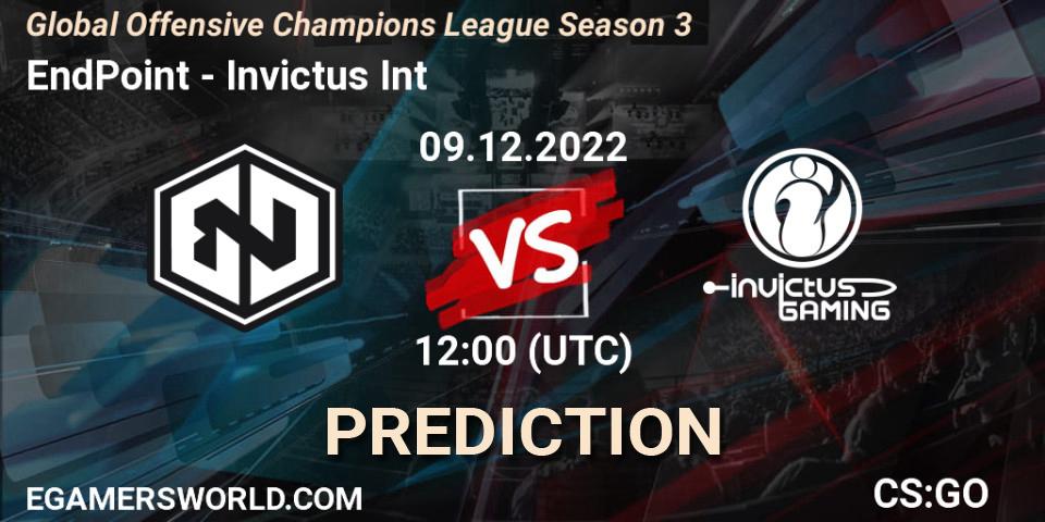 EndPoint contre Invictus Int : prédiction de match. 09.12.2022 at 12:00. Counter-Strike (CS2), Global Offensive Champions League Season 3