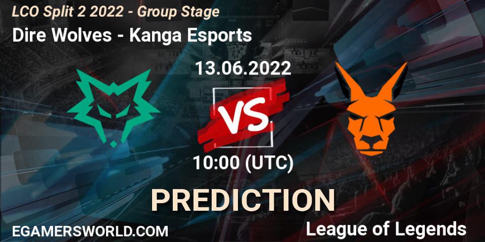Dire Wolves contre Kanga Esports : prédiction de match. 13.06.2022 at 10:15. LoL, LCO Split 2 2022 - Group Stage