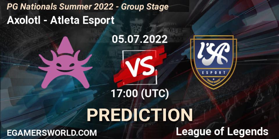 Axolotl contre Atleta Esport : prédiction de match. 05.07.2022 at 18:00. LoL, PG Nationals Summer 2022 - Group Stage