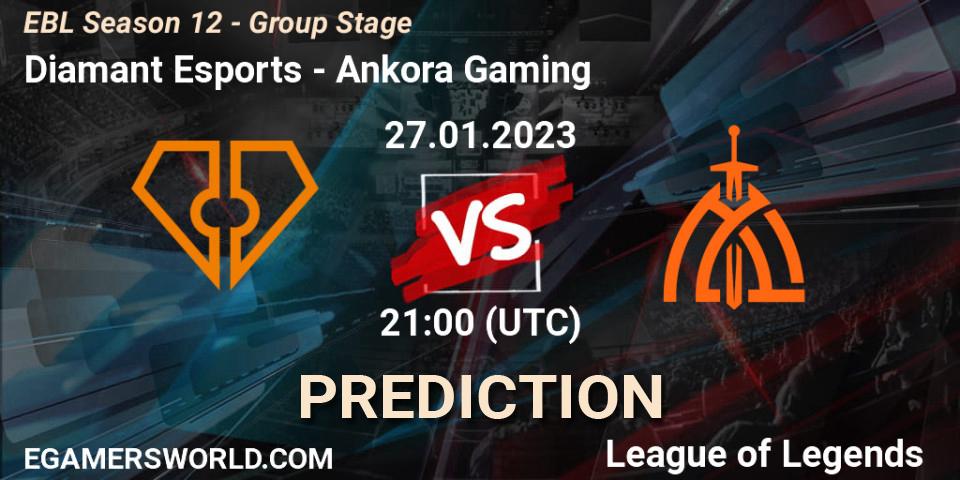 Diamant Esports contre Ankora Gaming : prédiction de match. 27.01.2023 at 21:00. LoL, EBL Season 12 - Group Stage