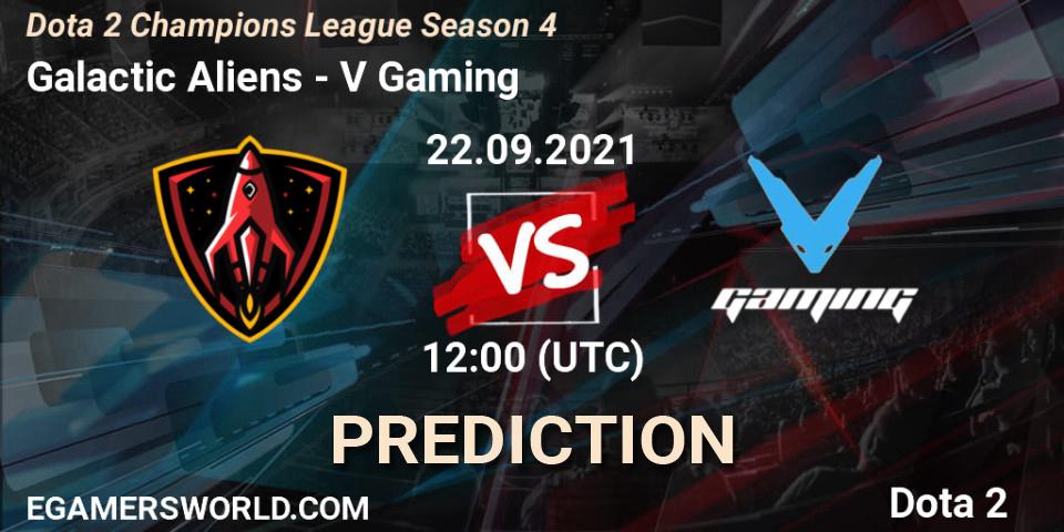 Galactic Aliens contre V Gaming : prédiction de match. 22.09.2021 at 12:00. Dota 2, Dota 2 Champions League Season 4