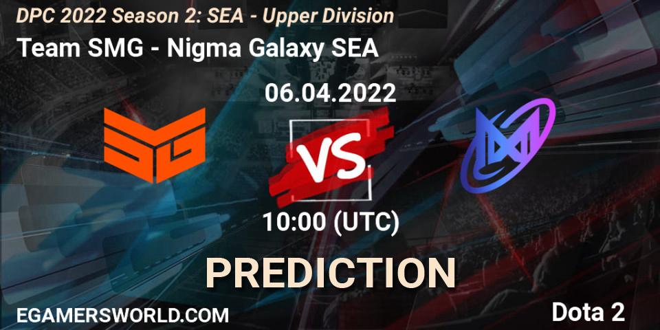Team SMG contre Nigma Galaxy SEA : prédiction de match. 06.04.2022 at 10:30. Dota 2, DPC 2021/2022 Tour 2 (Season 2): SEA Division I (Upper)