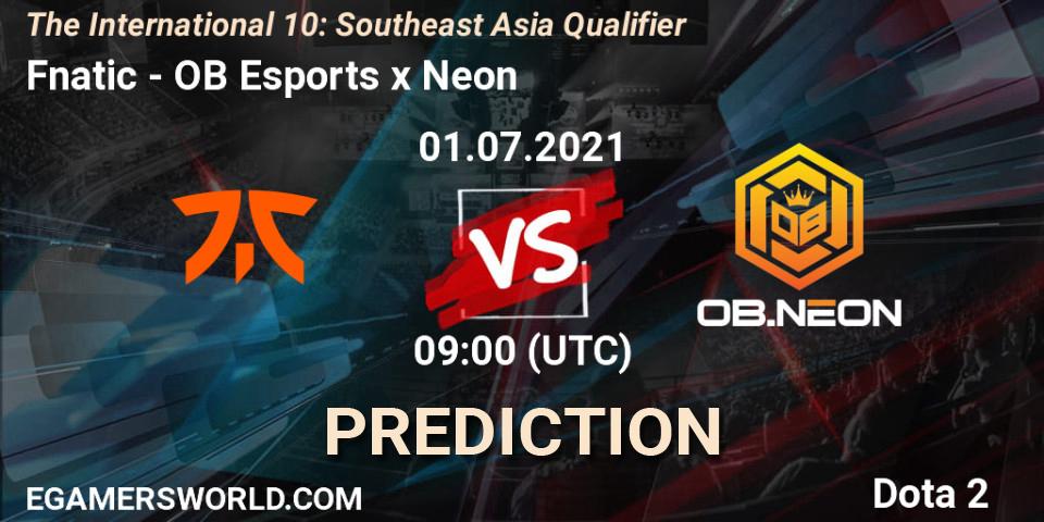 Fnatic contre OB Esports x Neon : prédiction de match. 01.07.2021 at 08:07. Dota 2, The International 10: Southeast Asia Qualifier