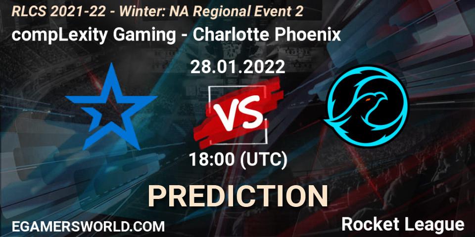 compLexity Gaming contre Charlotte Phoenix : prédiction de match. 28.01.2022 at 18:00. Rocket League, RLCS 2021-22 - Winter: NA Regional Event 2