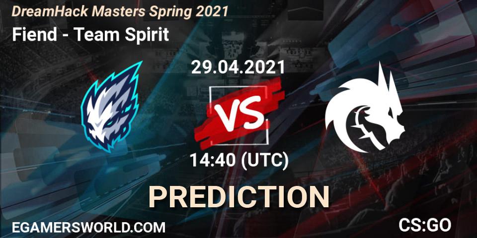 Fiend contre Team Spirit : prédiction de match. 29.04.2021 at 15:30. Counter-Strike (CS2), DreamHack Masters Spring 2021