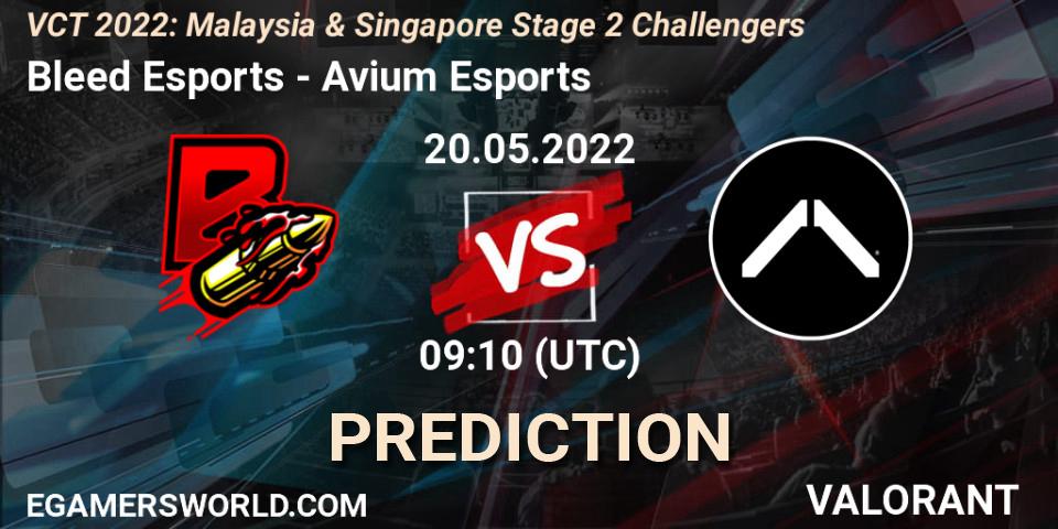 Bleed Esports contre Avium Esports : prédiction de match. 20.05.2022 at 08:10. VALORANT, VCT 2022: Malaysia & Singapore Stage 2 Challengers