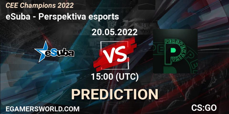 eSuba contre Perspektiva esports : prédiction de match. 20.05.2022 at 15:00. Counter-Strike (CS2), CEE Champions 2022