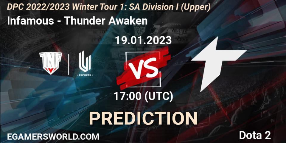 Infamous contre Thunder Awaken : prédiction de match. 19.01.2023 at 17:16. Dota 2, DPC 2022/2023 Winter Tour 1: SA Division I (Upper) 