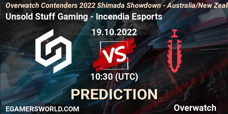 Unsold Stuff Gaming contre Incendia Esports : prédiction de match. 19.10.2022 at 09:38. Overwatch, Overwatch Contenders 2022 Shimada Showdown - Australia/New Zealand - October