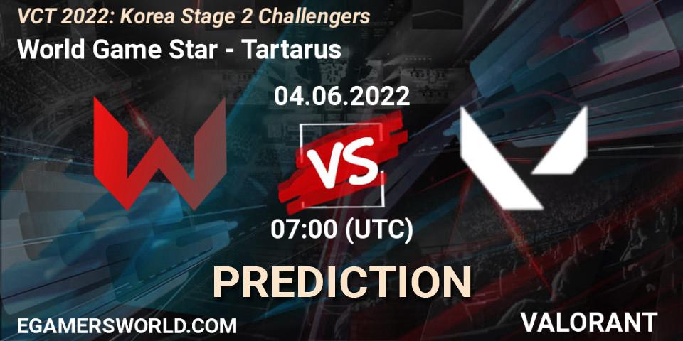 World Game Star contre Tartarus : prédiction de match. 04.06.2022 at 07:00. VALORANT, VCT 2022: Korea Stage 2 Challengers