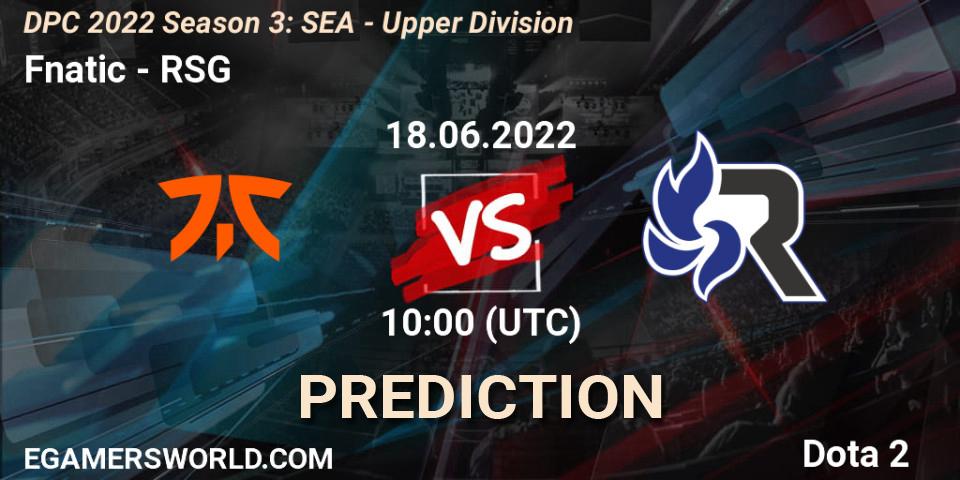 Fnatic contre RSG : prédiction de match. 18.06.2022 at 11:59. Dota 2, DPC SEA 2021/2022 Tour 3: Division I