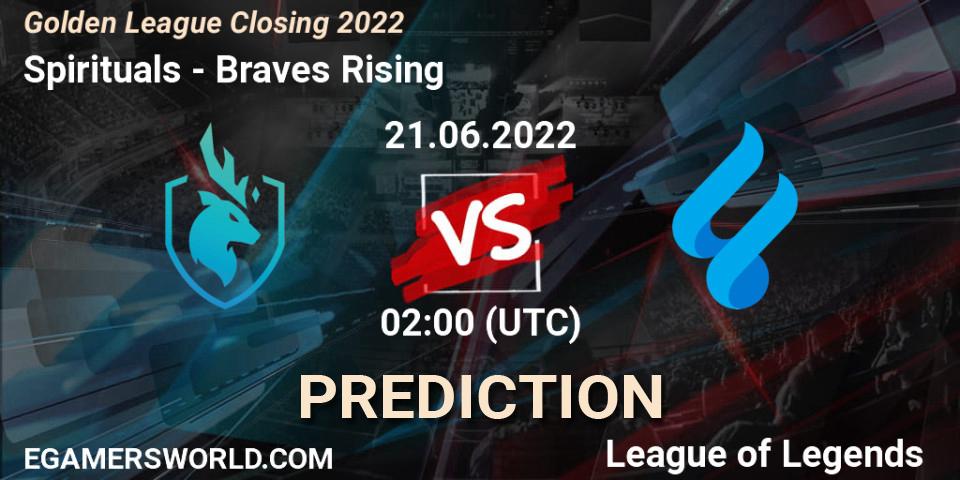 Spirituals contre Braves Rising : prédiction de match. 21.06.2022 at 02:00. LoL, Golden League Closing 2022