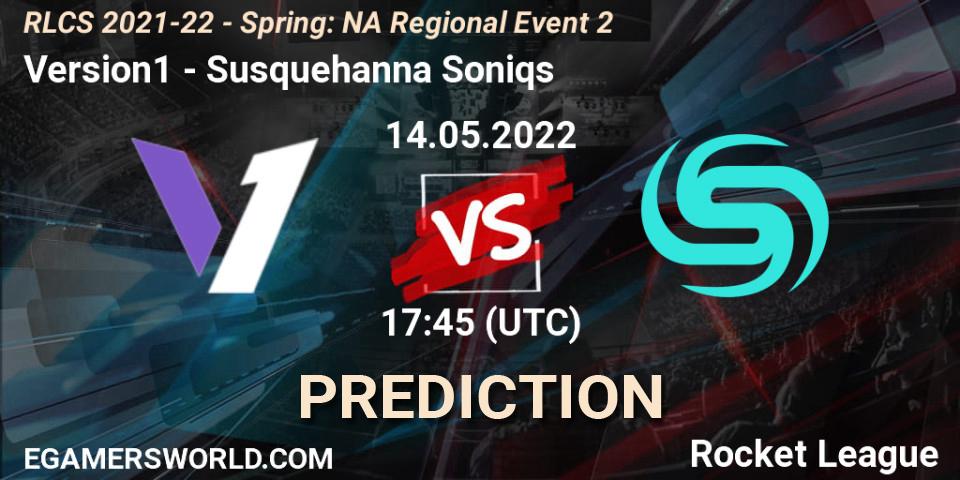 Version1 contre Susquehanna Soniqs : prédiction de match. 14.05.2022 at 17:45. Rocket League, RLCS 2021-22 - Spring: NA Regional Event 2