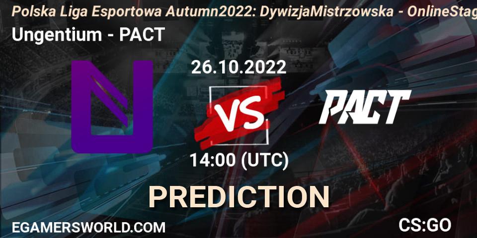 Ungentium contre PACT : prédiction de match. 26.10.2022 at 14:00. Counter-Strike (CS2), Polska Liga Esportowa Autumn 2022: Dywizja Mistrzowska - Online Stage
