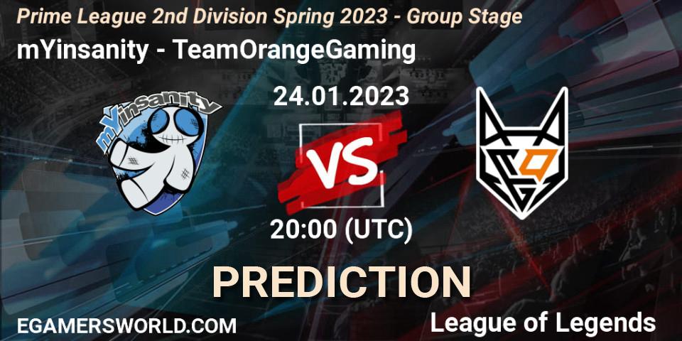 mYinsanity contre TeamOrangeGaming : prédiction de match. 24.01.2023 at 20:00. LoL, Prime League 2nd Division Spring 2023 - Group Stage