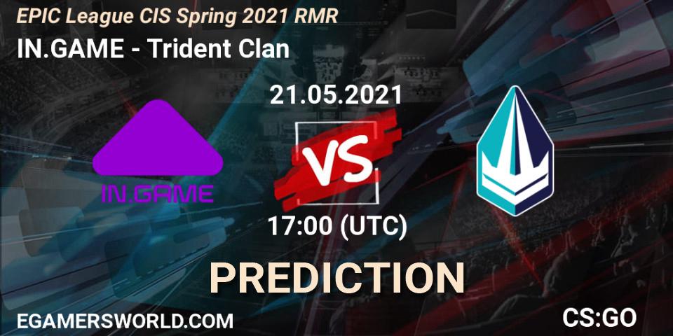 IN.GAME contre Trident Clan : prédiction de match. 21.05.2021 at 17:00. Counter-Strike (CS2), EPIC League CIS Spring 2021 RMR
