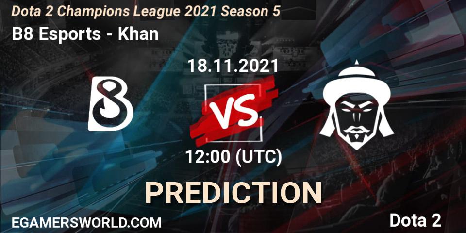 B8 Esports contre Khan : prédiction de match. 18.11.2021 at 12:01. Dota 2, Dota 2 Champions League 2021 Season 5