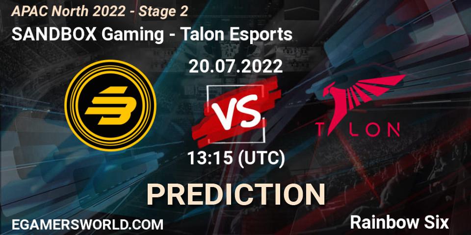 SANDBOX Gaming contre Talon Esports : prédiction de match. 20.07.2022 at 13:15. Rainbow Six, APAC North 2022 - Stage 2