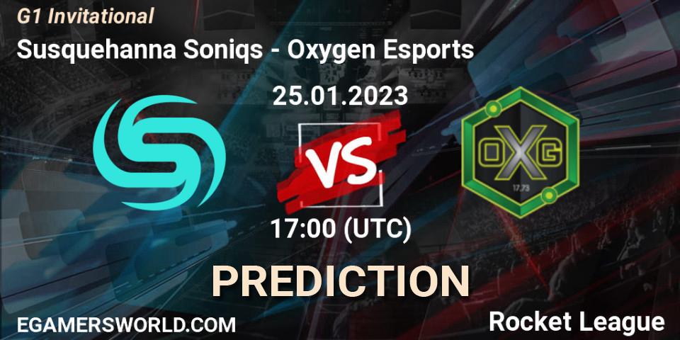 Susquehanna Soniqs contre Oxygen Esports : prédiction de match. 25.01.2023 at 17:00. Rocket League, G1 Invitational