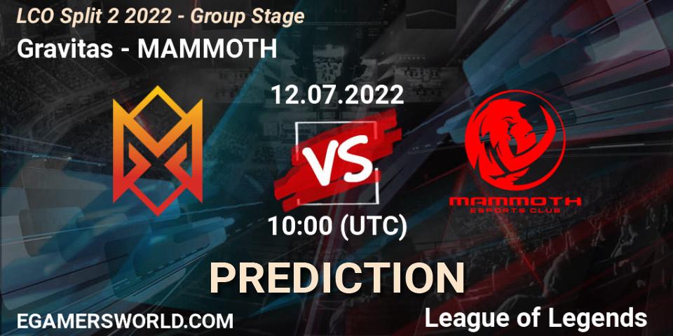 Gravitas contre MAMMOTH : prédiction de match. 12.07.22. LoL, LCO Split 2 2022 - Group Stage