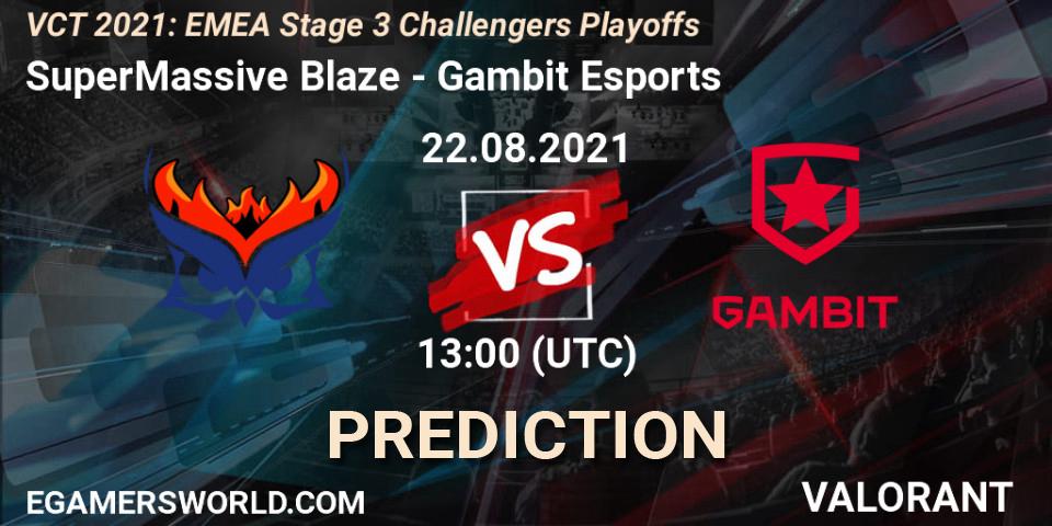 SuperMassive Blaze contre Gambit Esports : prédiction de match. 22.08.2021 at 13:00. VALORANT, VCT 2021: EMEA Stage 3 Challengers Playoffs