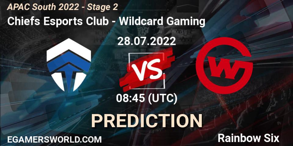 Chiefs Esports Club contre Wildcard Gaming : prédiction de match. 28.07.2022 at 08:45. Rainbow Six, APAC South 2022 - Stage 2