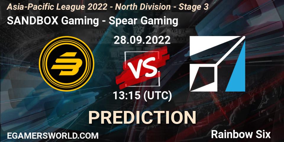 SANDBOX Gaming contre Spear Gaming : prédiction de match. 28.09.2022 at 13:15. Rainbow Six, Asia-Pacific League 2022 - North Division - Stage 3