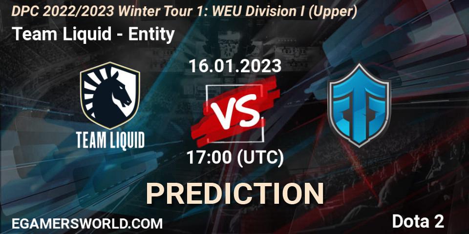 Team Liquid contre Entity : prédiction de match. 16.01.2023 at 16:55. Dota 2, DPC 2022/2023 Winter Tour 1: WEU Division I (Upper)