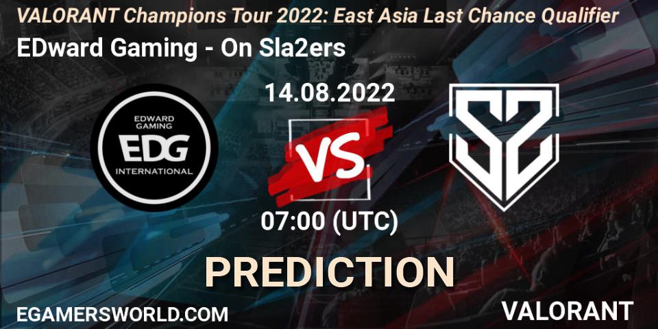 EDward Gaming contre On Sla2ers : prédiction de match. 14.08.2022 at 07:00. VALORANT, VCT 2022: East Asia Last Chance Qualifier
