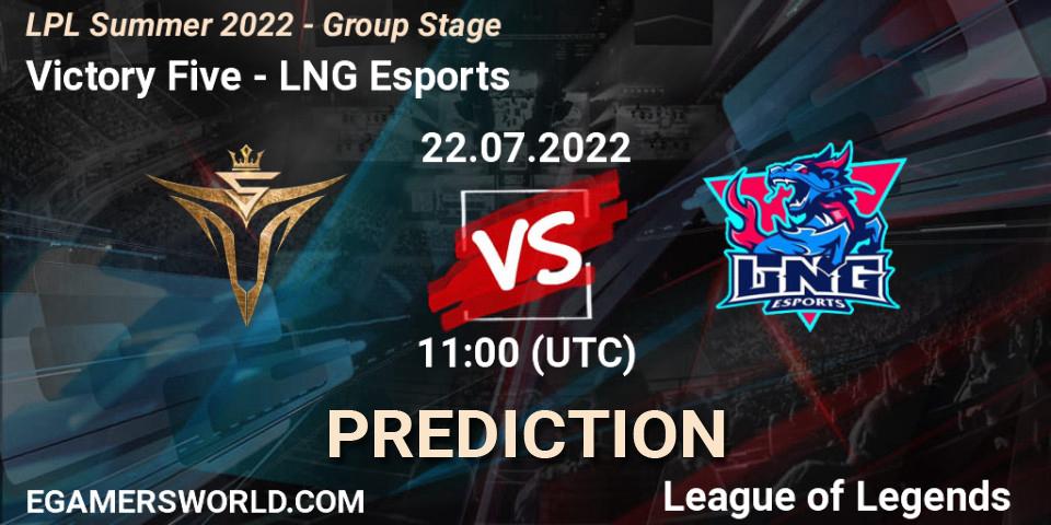 Victory Five contre LNG Esports : prédiction de match. 22.07.2022 at 12:00. LoL, LPL Summer 2022 - Group Stage