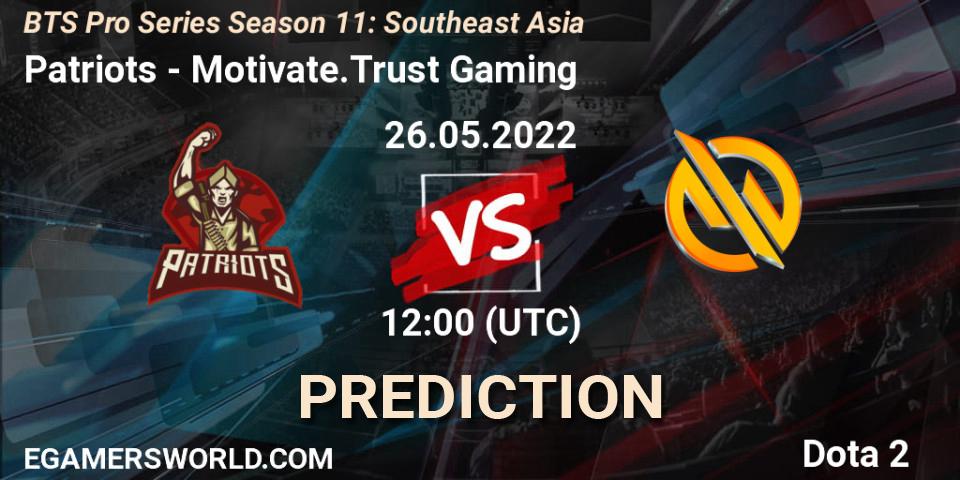 Patriots contre Motivate.Trust Gaming : prédiction de match. 26.05.2022 at 11:18. Dota 2, BTS Pro Series Season 11: Southeast Asia
